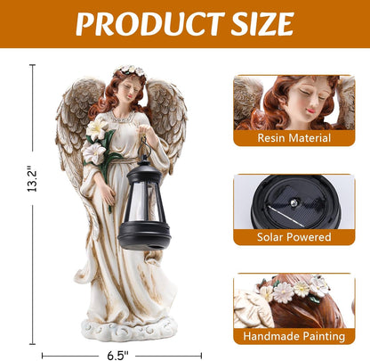 Solar Angel Outdoor Decor Garden Statues – 13.2 inches Angel Figurines Outdoor Sculptures with Solar Lantern for Outside Yard Art Patio Balcony Front Lawn Ornaments Gifts for Mom Grandma Women
