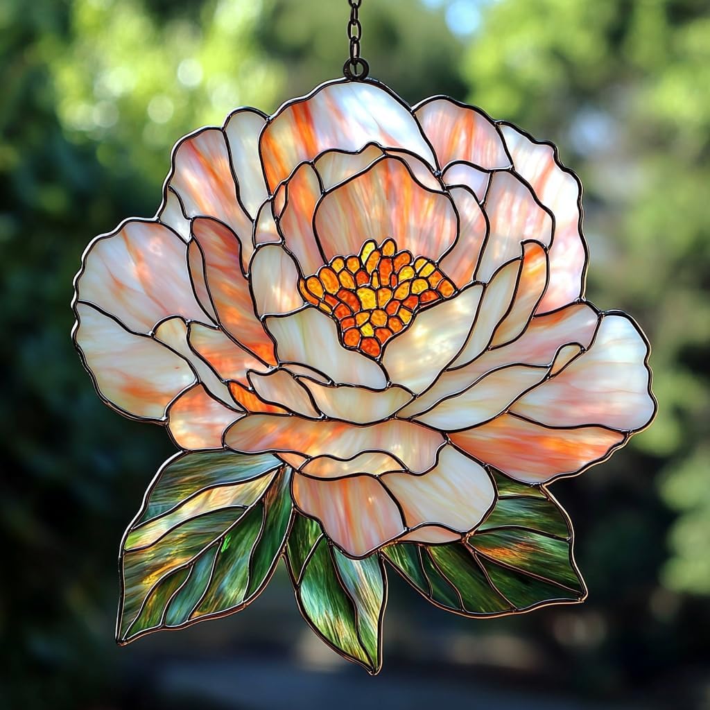 Pastel Pink Peony Acrylic Suncatcher Stained Glass Effect Window Car Hanging Christmas Ornament Indoor Outdoor Decor Garden Sun Catcher Panel for Peony Lover for Women Mom Grandma