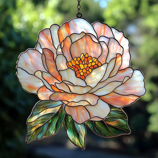 Pastel Pink Peony Acrylic Suncatcher Stained Glass Effect Window Car Hanging Christmas Ornament