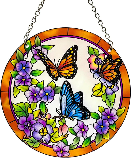 Butterfly Stained Glass Suncather Window Hangings, Colorful Flower Suncatchers 6 inch Colorful