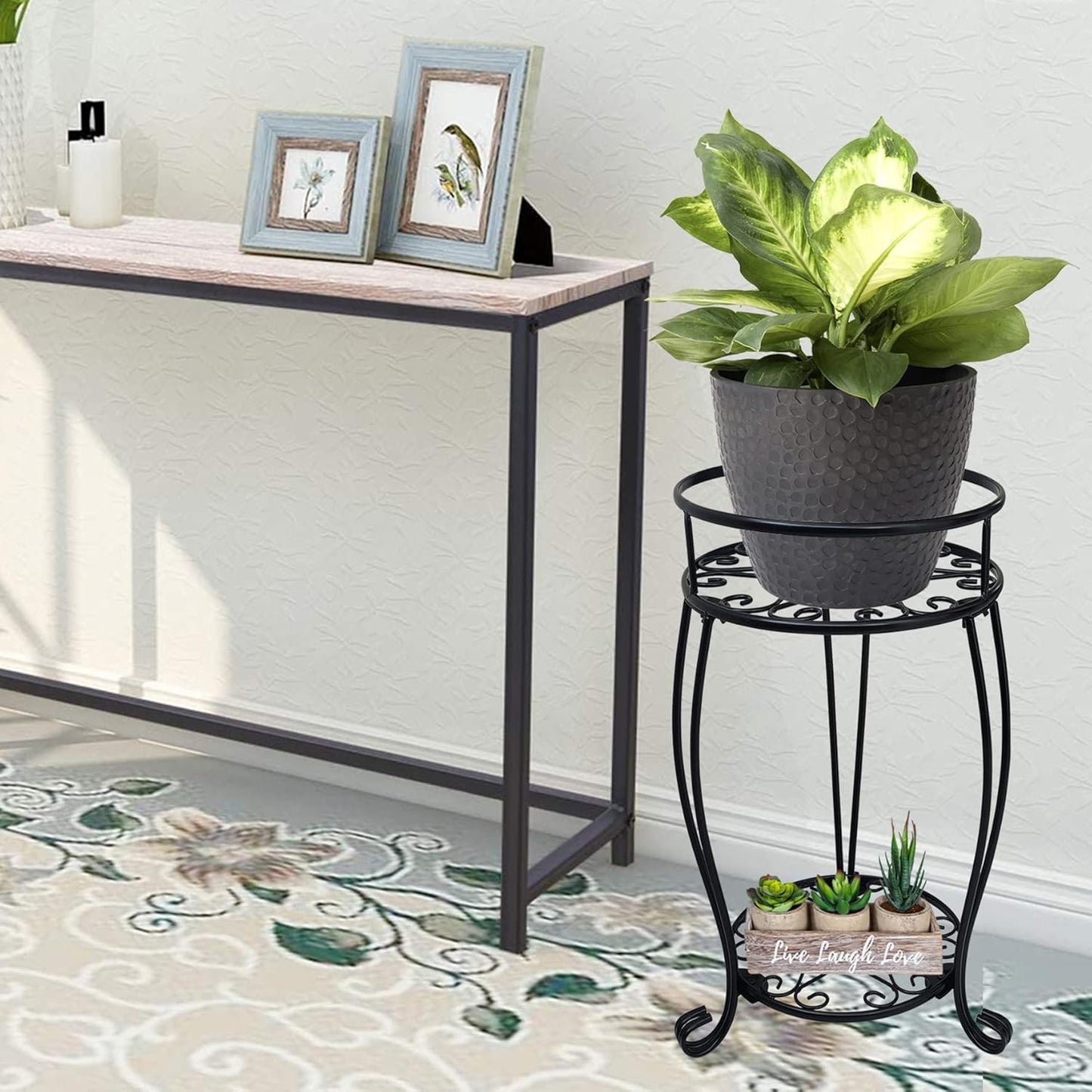 CASIMR 2 Tier Plant Stand, 19.2 inch Tall Metal Potted Holder Rack,Indoor Outdoor Multiple Flower Pot Shelf Rustproof Iron Garden Container for Garden Patio Living Room Corner Balcony, Black