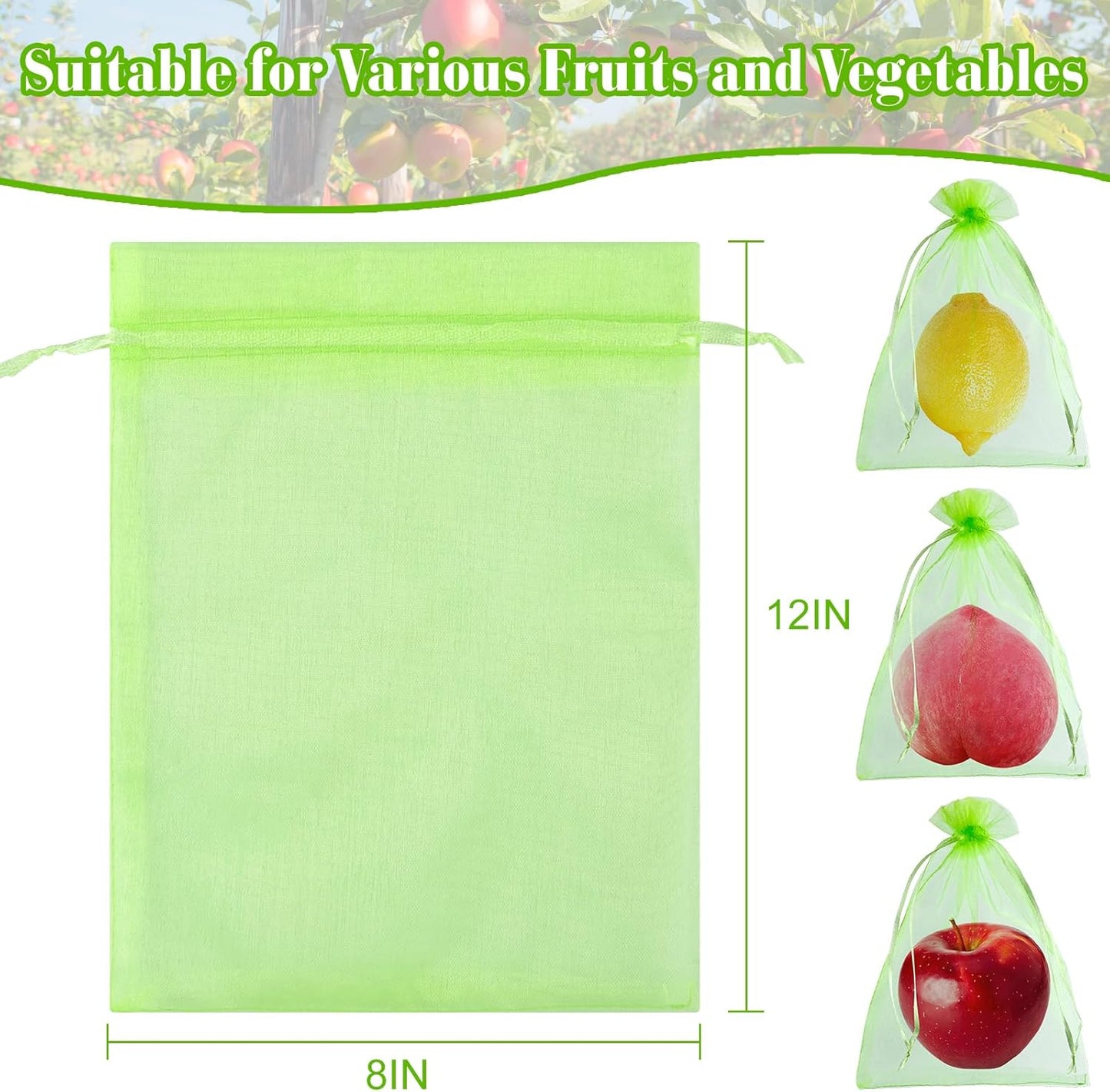 Morcheiong 60Pcs Fruit Protection Bags 8" x 12", Reusable Fruit Netting Bags for Fruit Trees, Garden Netting Mesh Bags with Drawstring (Green)