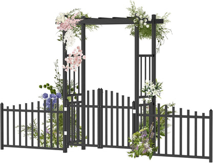 VINGLI Garden Arbor with Gate and Fence, PVC Wedding Arch for Ceremony Party, Garden Trellis for Climbing Plants Outdoor, Arch Backdrop Stand for Garden, Backyard, Lawn, Wedding (Black)
