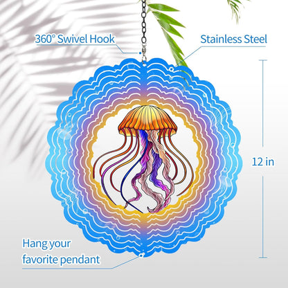 Jellyfish Wind Spinners, 12 inch 3D Stainless Steel Hanging Wind Spinner, Kinetic Sculpture, Blue, Marine Life, Garden Decor