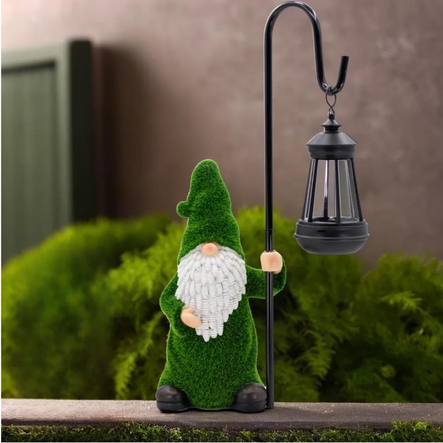 Garden Gnome with Solar Lantern, Grass-Like Flocked Hat, Outdoor Garden Figurine Lights, Unique Gift for Women, Mom, Friends (Green Flocked Gnome)