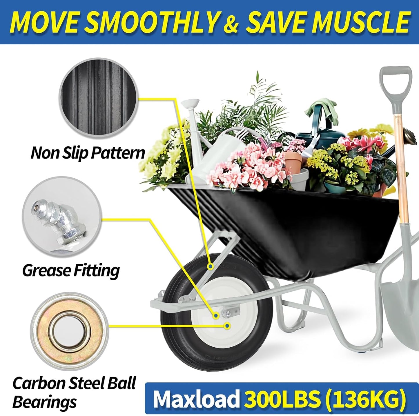 14.5" Wheelbarrow Flat Free Tire, Fits 4.80/4.00-8, 3.50/2.50-8, 4.00-6, 4.00-8, Wheelbarrow Wheels, 5/8" Bearing with Extra 3/4" Bearing, 3" -6" Centered Hub