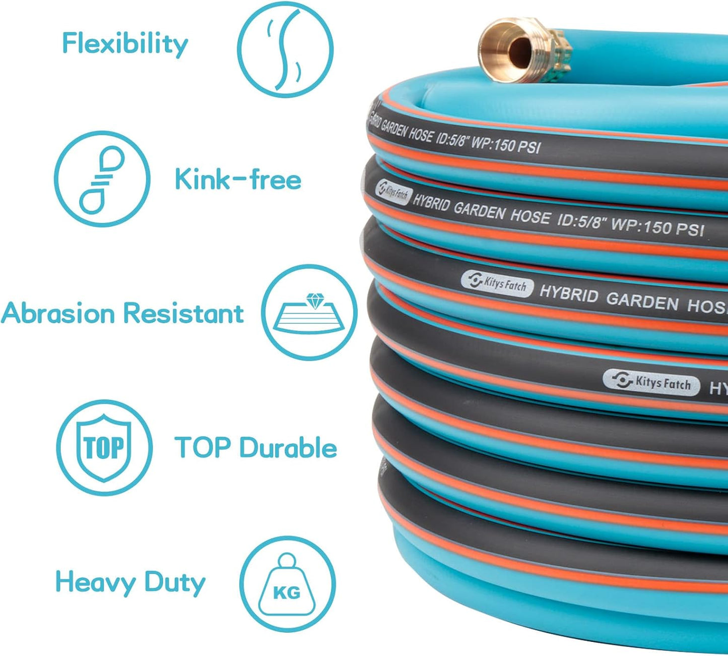 Upgraded Kink Free Hybrid Garden Hose 100ft 5/8", Thickened Heavy Duty Water Hose with Brass Solid Connector，Lightweight Flexible Tough Rubber Hose with Nozzle,Durable Yard Outdoor Hose