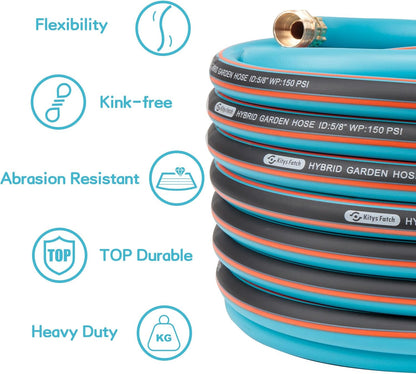 Upgraded Kink Free Hybrid Garden Hose 75ft 5/8", Thickened Heavy Duty Water Hose with Brass Solid Connector，Lightweight Flexible Tough Rubber Hose with Nozzle,Durable Yard Outdoor Hose