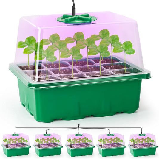 Bonviee 5 Packs Seed Starter Tray with Plant Light, Elevated Seedling Starter Trays Kits with