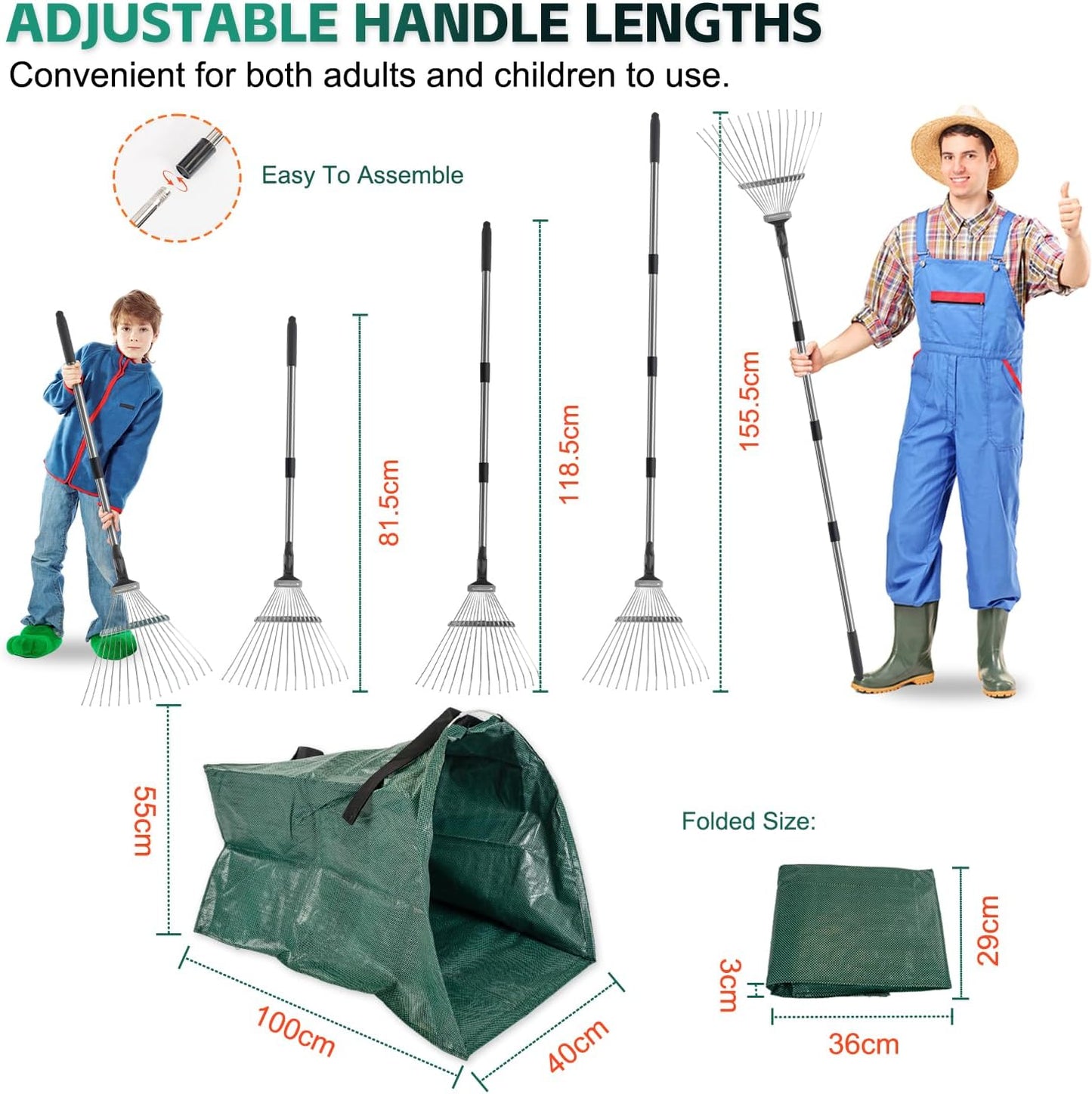 Yard Waste Bags, Leaf Dustpan, Leaves Collector, Yard Dustpan Type Garden Bag for Collecting Leaves, Garden Waste Container, with Adjustable Metal Leaf Rake Long Handle and Gloves