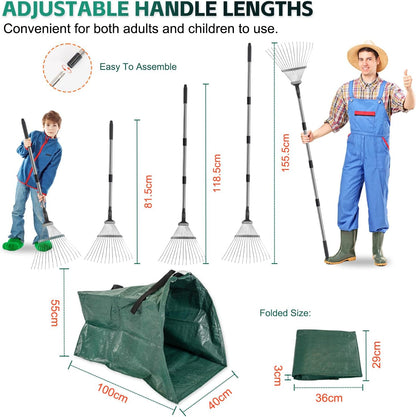 Yard Waste Bags, Leaf Dustpan, Leaves Collector, Yard Dustpan Type Garden Bag for Collecting Leaves, Garden Waste Container, with Adjustable Metal Leaf Rake Long Handle and Gloves