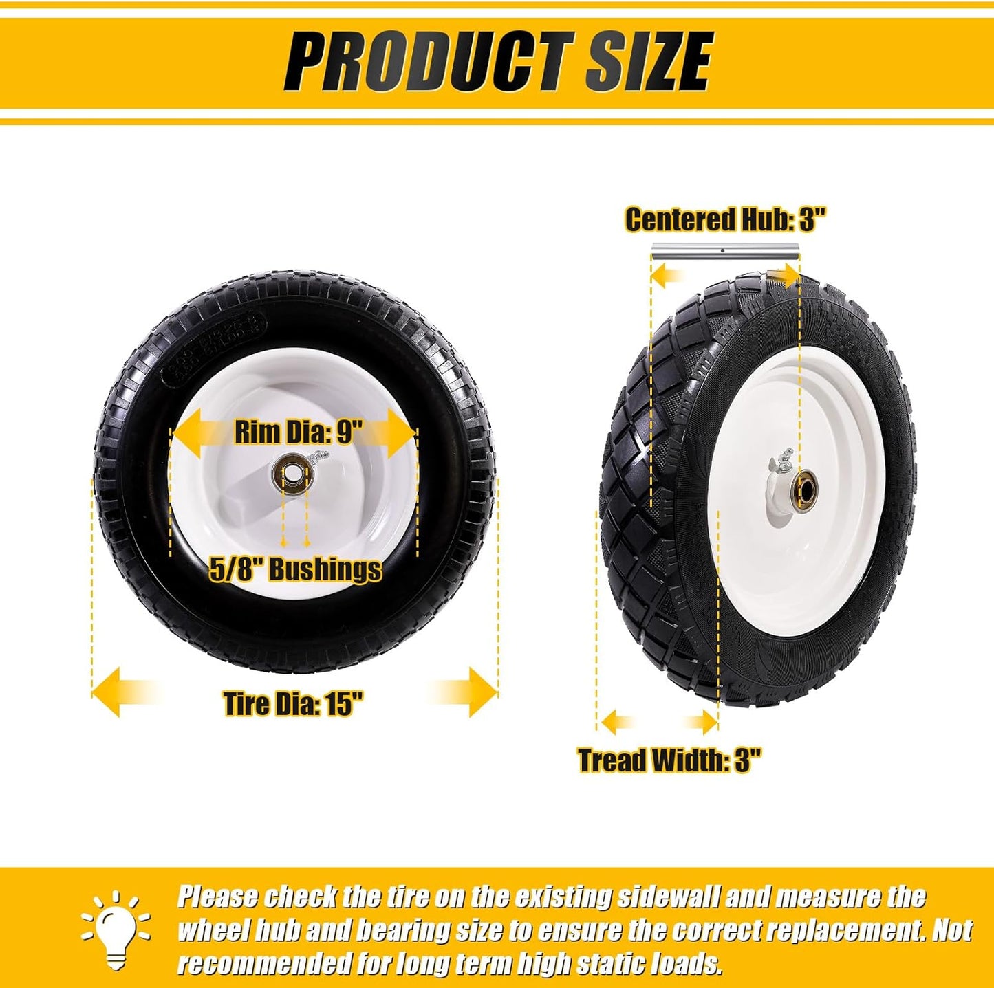 MZREXN 4.80/4.00-8" Flat Free Tire and Wheel 15" Solid Wheelbarrow Tires, 3.00-4.00/4.80-8" with 5/8" & 3/4" Bearings, 3" Centered Hub for Hand Truck Garden Trailers Utility Cart Yard Wagon 2PCS White