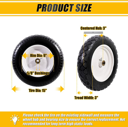 MZREXN 4.80/4.00-8" Flat Free Tire and Wheel 15" Solid Wheelbarrow Tires, 3.00-4.00/4.80-8" with 5/8" & 3/4" Bearings, 3" Centered Hub for Hand Truck Garden Trailers Utility Cart Yard Wagon 2PCS White