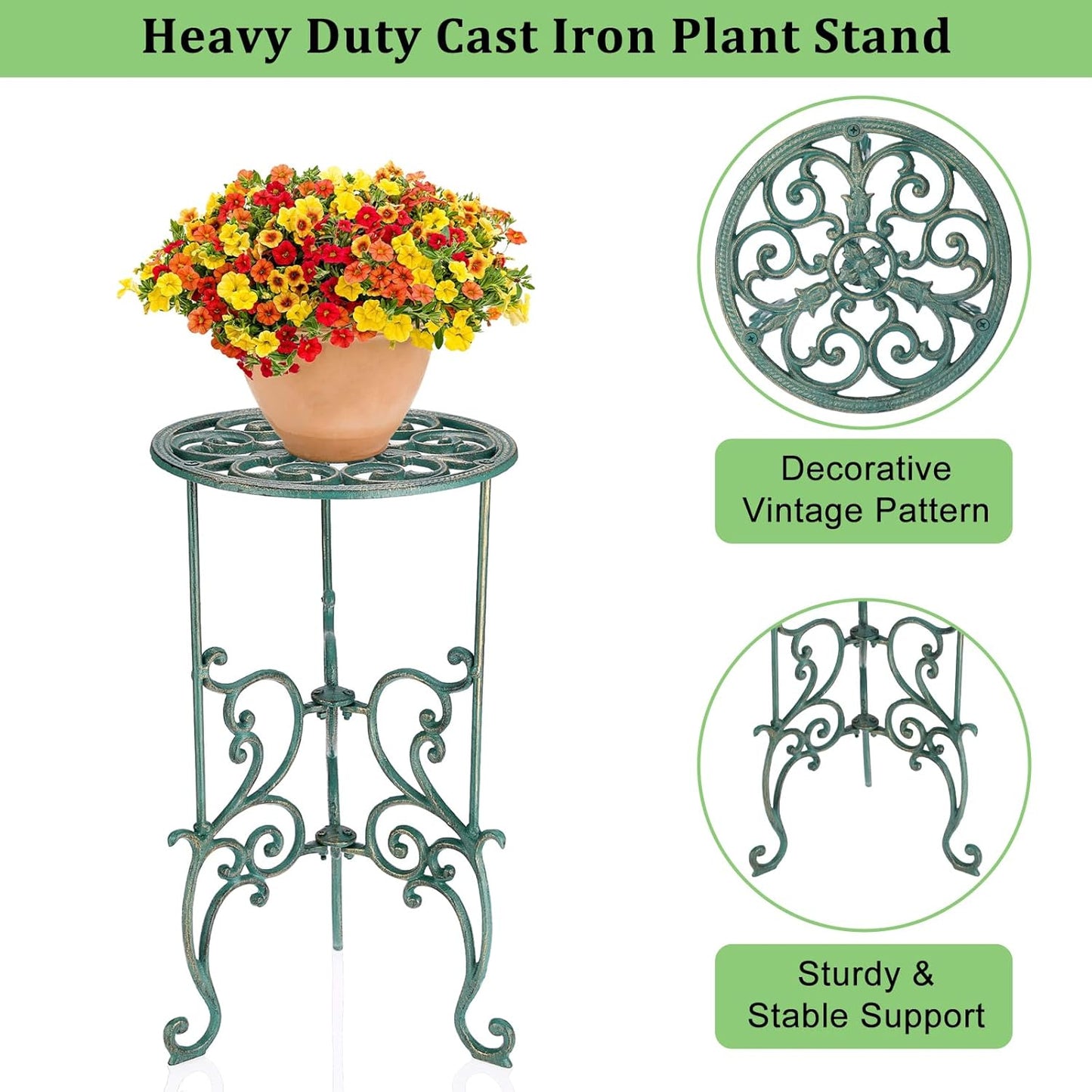 OwnMy Cast Iron Tall Plant Stand Heavy Duty Vintage Wrought Iron Flower Pot Holder, Decorative 1-Tier Potted Plant Holder Rack, Indoor Outdoor Large Metal Plant Stand for Patio Garden, Antique Green