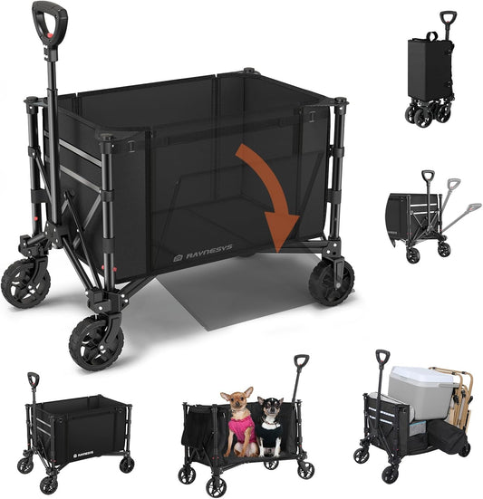 3 in 1 Collapsible Wagon Converts to Bench, 220lbs Foldable Wagon Cart with Wheels, 120L Shopping