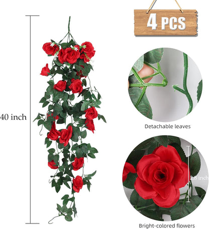 RECUTMS Hanging Rose Flowers Artificial Vine PlantsFlower Garland for Home Room Garden Wedding Indoor Outdoor Decoration (Red)