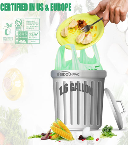 1.6 Gallon Compostable Trash Bags with Handle, 125 Count Small Compost Bags, Biodegradable Kitchen Garbage Bags, Food Scrap Waste Bags for Countertop Bin, ASTM D6400, US BPI Certified