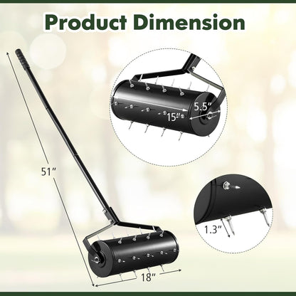 S AFSTAR 18" Manual Lawn Aerator, Heavy Duty Rolling Aerator Lawn Tool Filled Sand Stone with 51" Detachable Handle & Tine Spikes for Soil Loosening, Push Grass Aeration for Garden Yard, Black