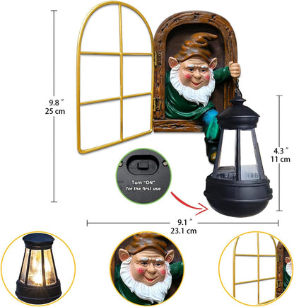 Fairy Garden Garden Gnomes with Solar Lantern Lights - Whimsical Elf Out The Window Yard Decorations Outdoor Tree Hugger Statues, Tree Face Sculpture, Ideal Gnomes Gifts for Patio, Fence, Wall