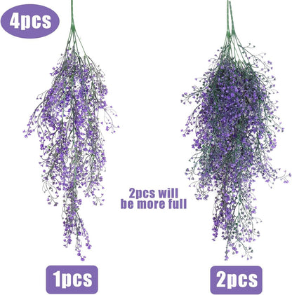 RECUTMS Artificial Hanging Plant 4 Pack Fake Fern with LED Lights Ivy Vines 2.5ft Faux Hanging Greenery Vine for Home Garden Wall Office Wedding Party Decoration (Purple)
