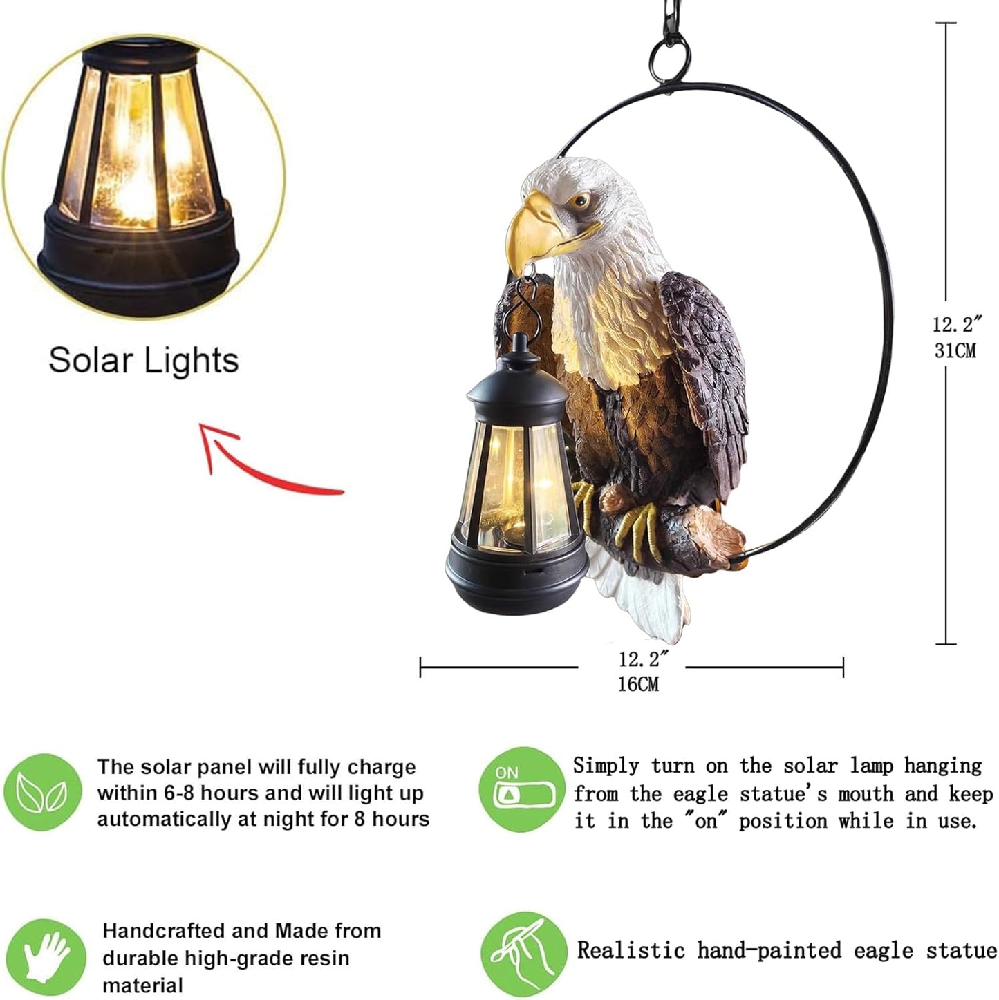 American Bald Eagle Statue with Solar Light - 11.81-inch Yard Art Resin Bald Eagle Decoration,for Patio, Garden, Lawn,Bald Eagle Gifts for Men