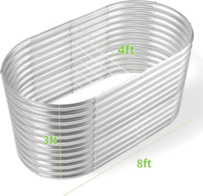 Land Guard 8x4x3ft Oval Galvanized Raised Garden Beds, Large-Capacity Metal Planter Box Outdoor, Durable Deep Raised Garden Bed 3ft Tall, Raised Beds for Gardening Vegetables, Classic Silver