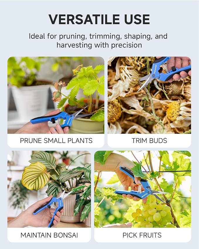 Fondwell 6.5" Garden Scissors Plant Shears: Micro Tip Pruning Shears with Curved Blades - Lightweight Bonsai Scissors