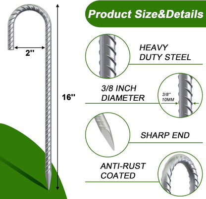 AAGUT 16 Inch Rebar Tent Stakes Heavy Duty 3/8" J Hook Ground Anchors Galvanized Steel Metal Garden Stake Yard Landscape Spikes 8 Pack for Chain Link Fence, Canopy