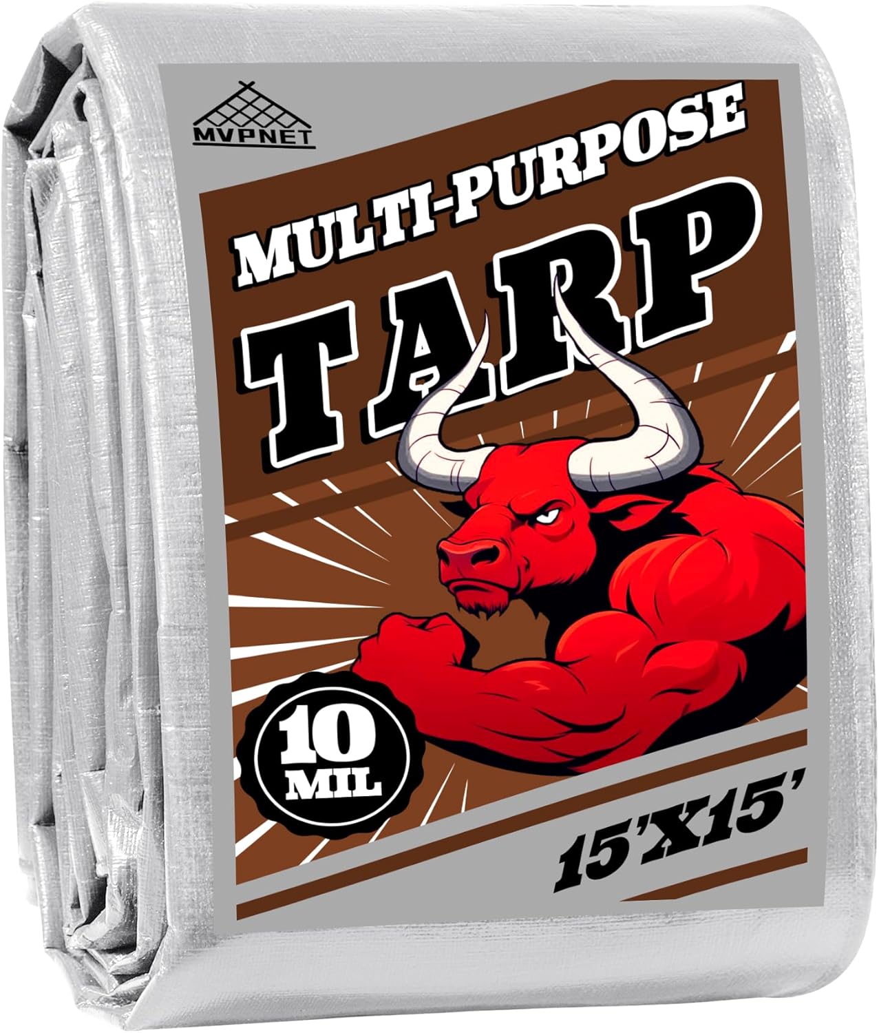 Tarp 15x15 ft Heavy Duty 10mil Silver/Brown 100% Waterproof High Durability Multipurpose Outdoor Tarpaulin,Uv Resistant,for Courtyards,Camping, Canopy, Trailer, Boats, Camping, Etc -by MVPNET