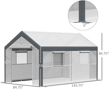 Outsunny 12' x 7' x 7' Walk-in Greenhouse, Outdoor Garden Warm Hot House with 4 Roll-up Windows, 2 Zippered Doors and Weather Cover, White