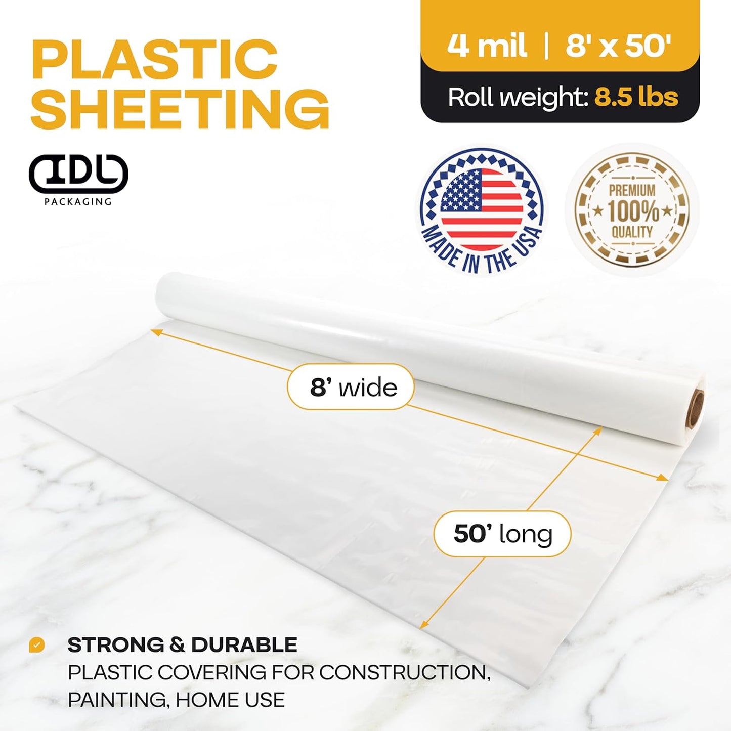 Plastic Sheeting 4 mil, 8' x 50' (400 sq. ft.) - Thick Semi-Clear Plastic Sheeting for Construction, Painting, Slide&Slip - LDPE Film Roll - Heavy Duty Thick Polyethylene Rolls by IDL Packaging