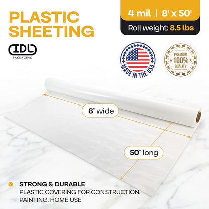 Plastic Sheeting 4 mil, 8' x 50' (400 sq. ft.) - Thick Semi-Clear Plastic Sheeting for Construction, Painting, Slide&Slip - LDPE Film Roll - Heavy Duty Thick Polyethylene Rolls by IDL Packaging