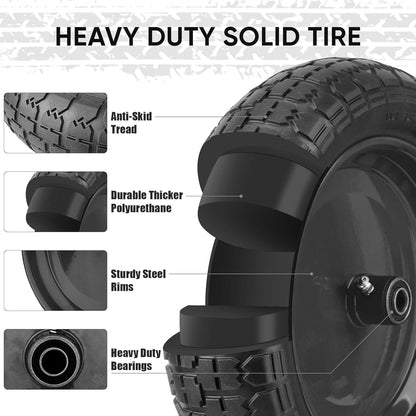 TICONN 4.80/4.00-8 Tire, 16" Flat Free Wheelbarrow Tire and Wheel, Solid Replacement Tires with 3" Centered Hub, 5/8" 3/4" Bearings, Universal Fit 4.80/4.00-8, 3.50/3.00-8, 4.00-6 (Black)