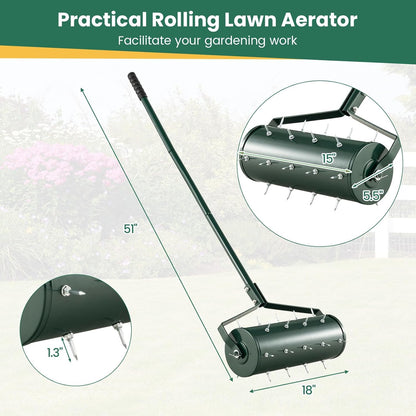 Goplus Rolling Lawn Aerator, 18-Inch Garden Yard Rotary Push Tine Filled Sand Stone, Heavy Duty Spike Soil Aeration w/Metal Handle, Fillable Drum 51" Manual Lawn Aeration Tool Garden Grass Patio Yard