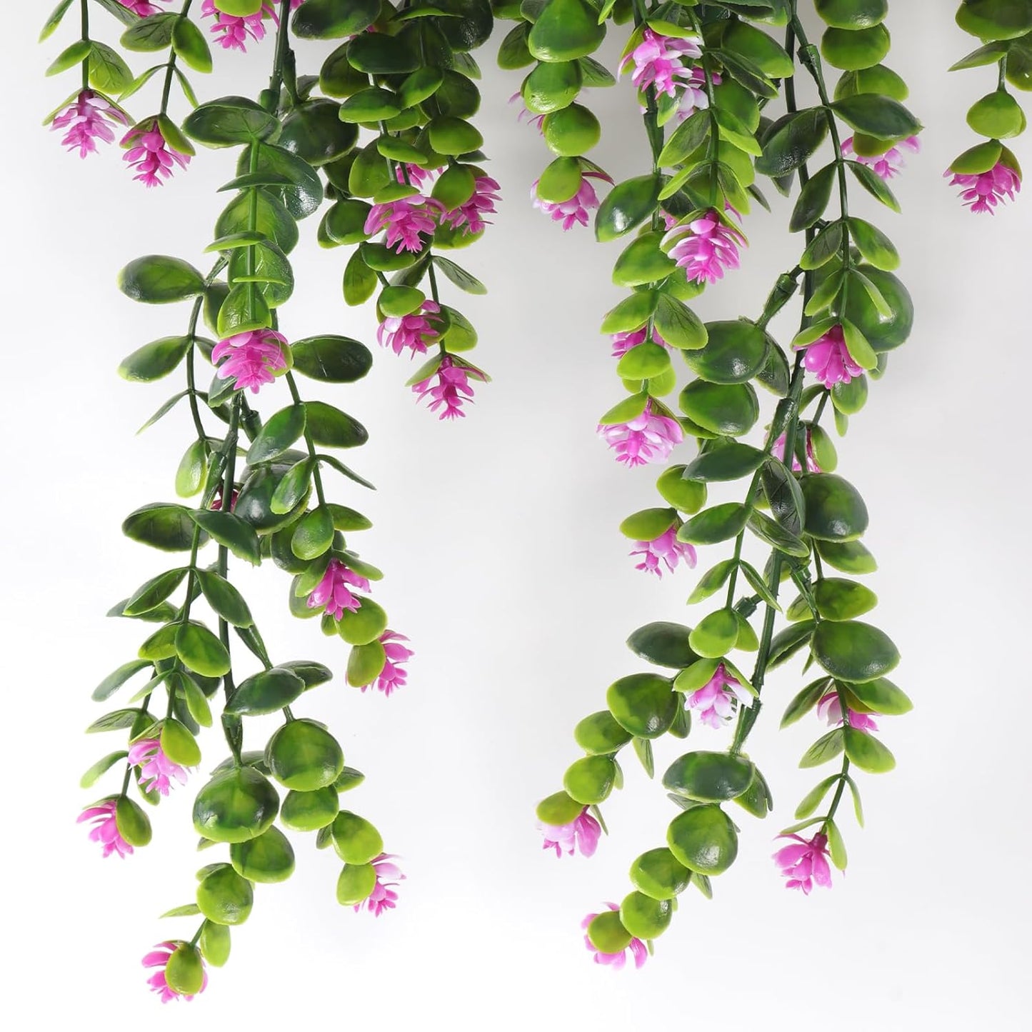 RECUTMS 4Pcs Fake Eucalyptus Leaves with Flowers Plastic Ivy Greenery Leaf Artificial Hanging Plants for Home Garden Wall Bedroom Office Wedding Decor Fuchsia