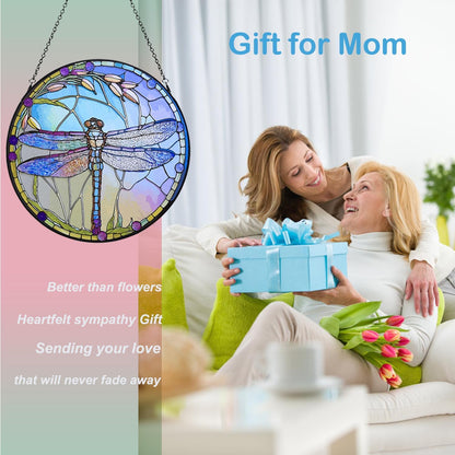 12 Inch Stained Glass Window Hanging, Large Dragonfly Suncatcher, Stained Glass Window Suncatcher, Dragonfly Home Wall Art Decor for Indoor/Outdoor, Hand Colorful Panel Sun Catcher, Gift for Mom