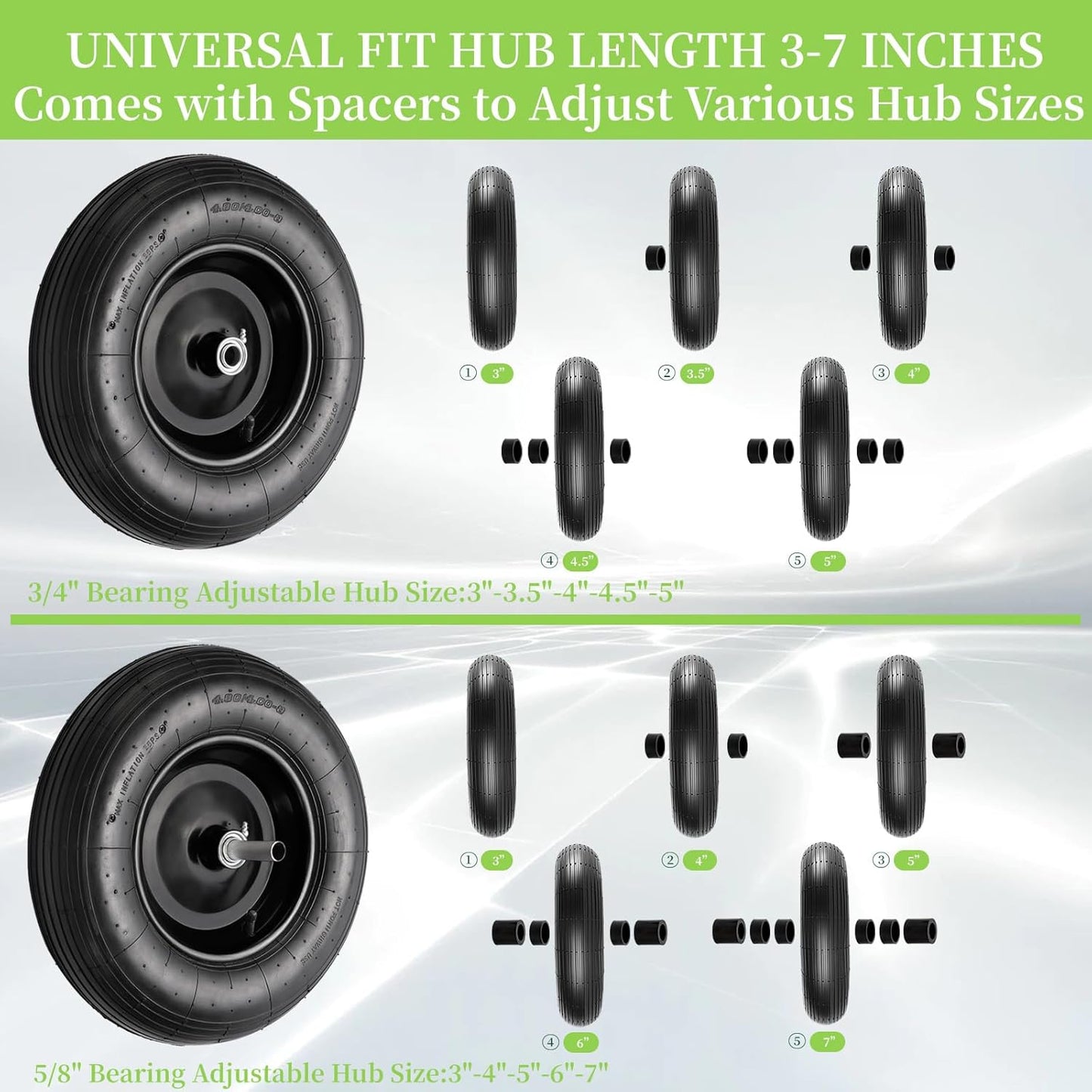 RRQ (2 Pack) 4.80/4.00-8 Tire and Wheel, 16" Pneumatic Wheelbarrow Tires with 3" Centered Hub and 3/4" Bearings (Comes with 5/8" ID Iron Tube Adapter), for Wheelbarrow, Garden Cart, Trailer and More