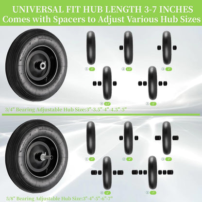 RRQ (2 Pack) 4.80/4.00-8 Tire and Wheel, 16" Pneumatic Wheelbarrow Tires with 3" Centered Hub and 3/4" Bearings (Comes with 5/8" ID Iron Tube Adapter), for Wheelbarrow, Garden Cart, Trailer and More