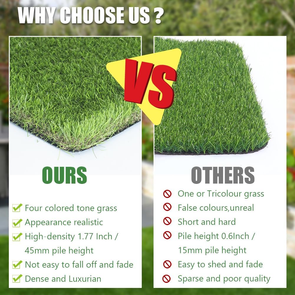 Petgrow Luxurious Artificial Grass Realistic Turf 9 X 19 Feet,1.57 Inch Pile Height Ultrathick Indoor/Outdoor Dog Fake Faux Grass,Synthetic Grass Rug Garden Landscape Patio,Drainage Holes