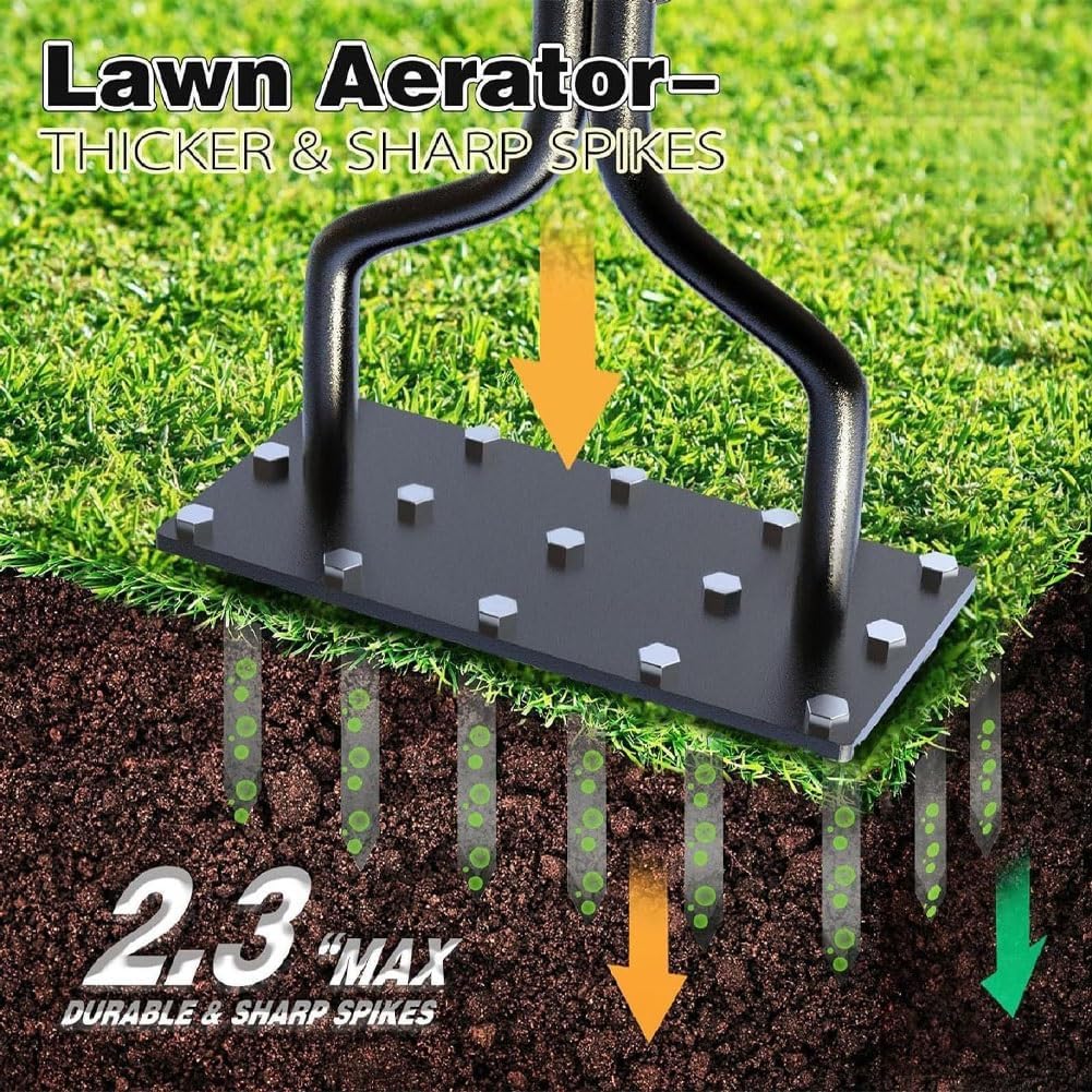 Lawn Aerator Tool, 2-in-1 Spike Manual Core Aerator Lawn Tool with 15 Iron Spikes, Gardening Hand Tools, Grass Plugger Yard Aerators for Garden Yard Lawns Soil Care, Revives Lawns Health(Black)
