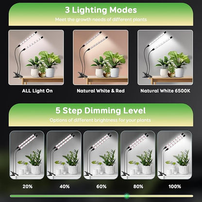 2 Head Grow Lights for Seed Starting, Full Spectrum Grow Lights for Indoor Plants with 6/12/18H Timer, V-Shaped Design Light, 5 Dimmable Level, Plant Lamp Clip-on Desk for Indoor Plant Growing