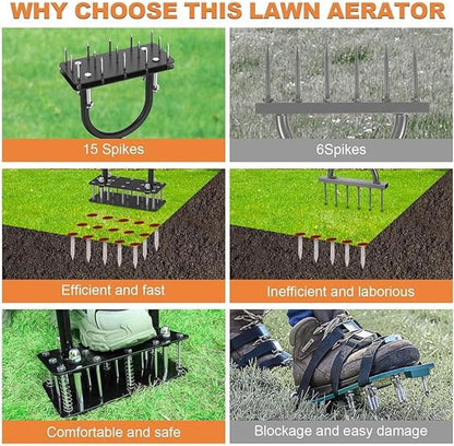 Lawn Aerator Tool, 2-in-1 Spike Manual Core Aerator Lawn Tool with 15 Iron Spikes, Gardening Hand Tools, Grass Plugger Yard Aerators for Garden Yard Lawns Soil Care, Revives Lawns Health(SpringLoaded)