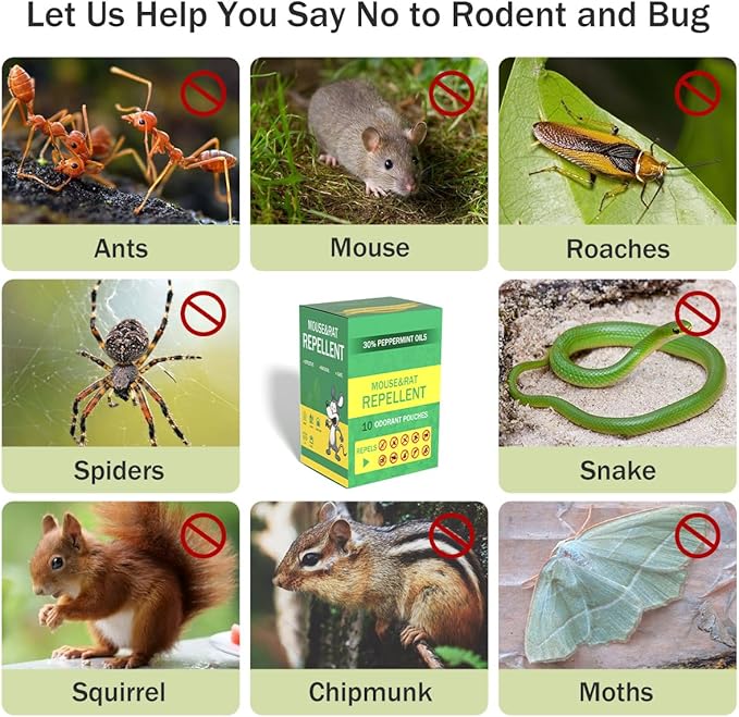 Mouse Repellent Pouches 10 Pack,Natural Peppermint Oil Rodent Repellent Indoor/Outdoor, Pest Control Mice Repellent Pouches to Get Rid of Rats Mice Squirrels Rodent Spider Ant Mosquito