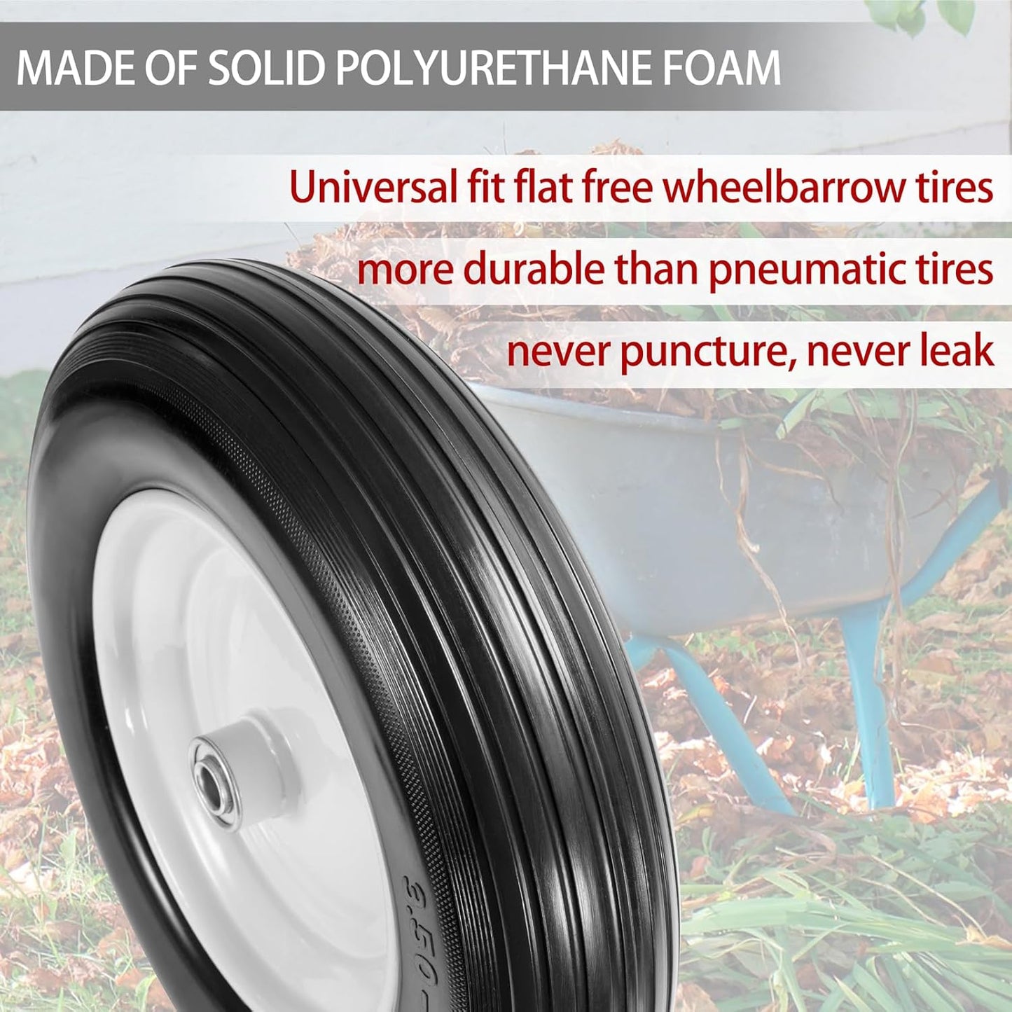 (2-Pack) Fits 4.80/4.00-8, 3.50/2.50-8, 4.00-6, 4.00-8 Wheelbarrow Wheels,14.5" Wheelbarrow Flat Free Tire, with 3/4" & 5/8" Bearing,3" Hub for Garden Cart Trolley Wagon Lawn Mower