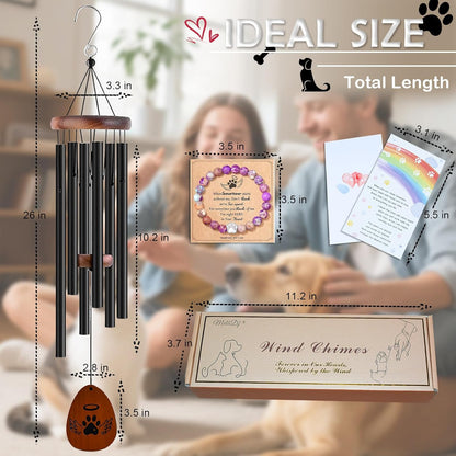 Pet Memorial Wind Chime Gift Set with Bracelet, Wooden Ornament and Sympathy Card, Black&Golden (Black)
