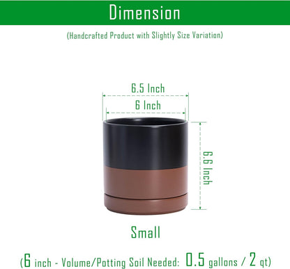 D'vine Dev 6.5 Inch Ceramic Planter Pot with Drainage Hole and Saucer, Indoor Cylinder Round Planter Pot, Black/Speckled Tan, 94-O-C-7