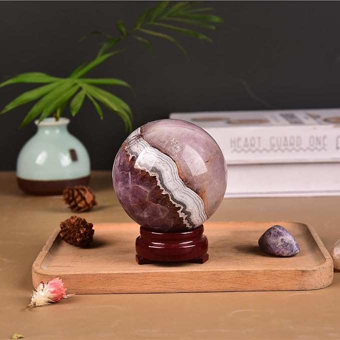 JIC Gem Natural Amethyst Agate Crystal Sphere Ball Purple Crystal Decorative Ball with Wooden Stand Meditation Balls for Witchcraft Reiki Healing Gift 50-60mm