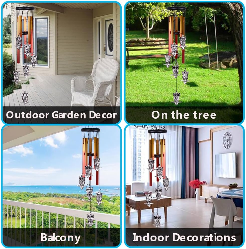 Owl Wind Chimes Outdoor/Indoor Decor - Pure Hand-Made Owl Wind-Bells, Mobile Romantic Windcatcher 28" Owl Wind Chime for Home, Xmas, Gift For Mother, Balcony, Patio, Garden Decoration(6 Owls, 5 Tubes)