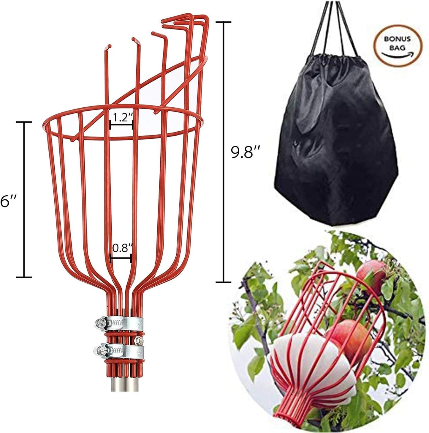 DIIG 5.5 Foot Fruit Picker Tool with Stainless Steel Pole, Picking Equipment for Lemons, Apples, Guavas, Avocados, Pears, Mangoes, Oranges