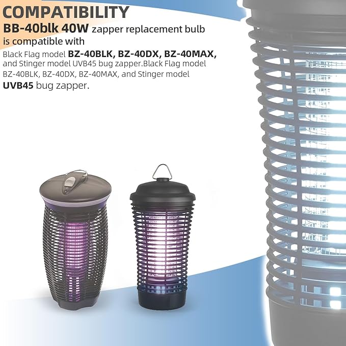 BB-40blk 40W Bug Zapper Light Bulb Compatible with Black Flag Model BZ-40BLK, BZ-40DX, BZ-40MAX, and Stinger Model B4045-4 UVB45 Bug Zapper with 4-Pin Base, 2 Pack